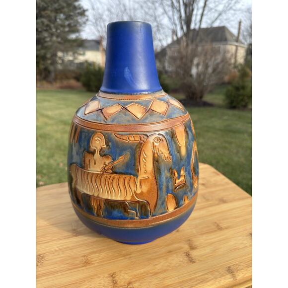 Mid-Century Modern Pergamon Decor Art Pottery Vase Relief Figures Blue 13” Tall - Picture 3 of 8